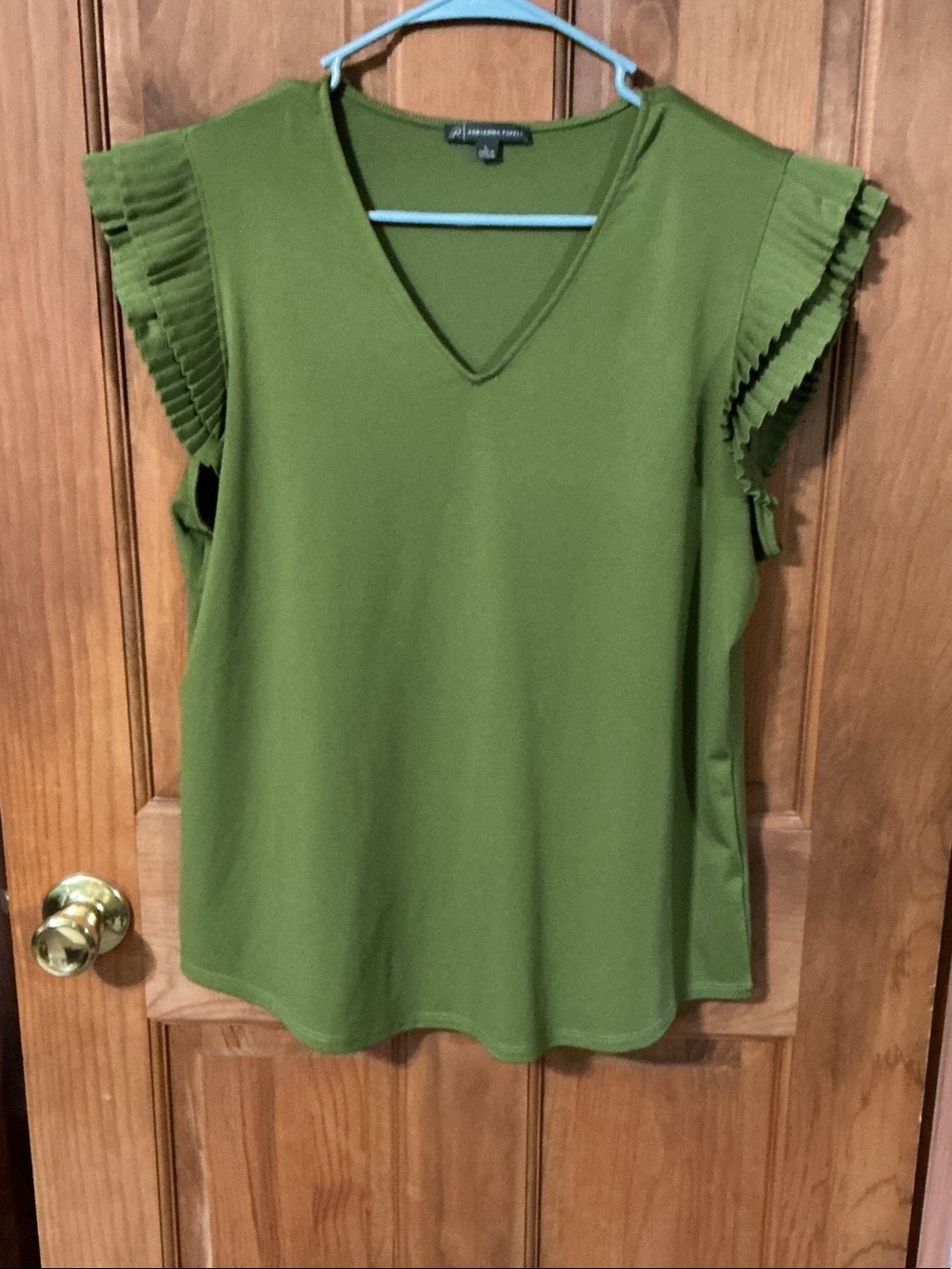 Adrianna Papell Olive Green V-Neck Tank with Pleated Flutter Sleeves